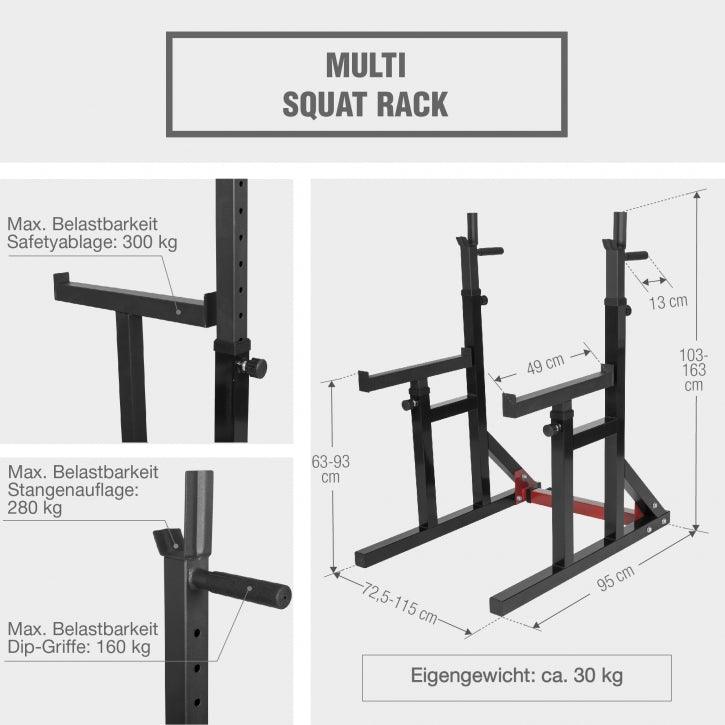 Rack pentru genuflexiuni reglabil pe înălțime și lățime, incluzând set de haltere cu discuri de protecție olimpice de 170 kg