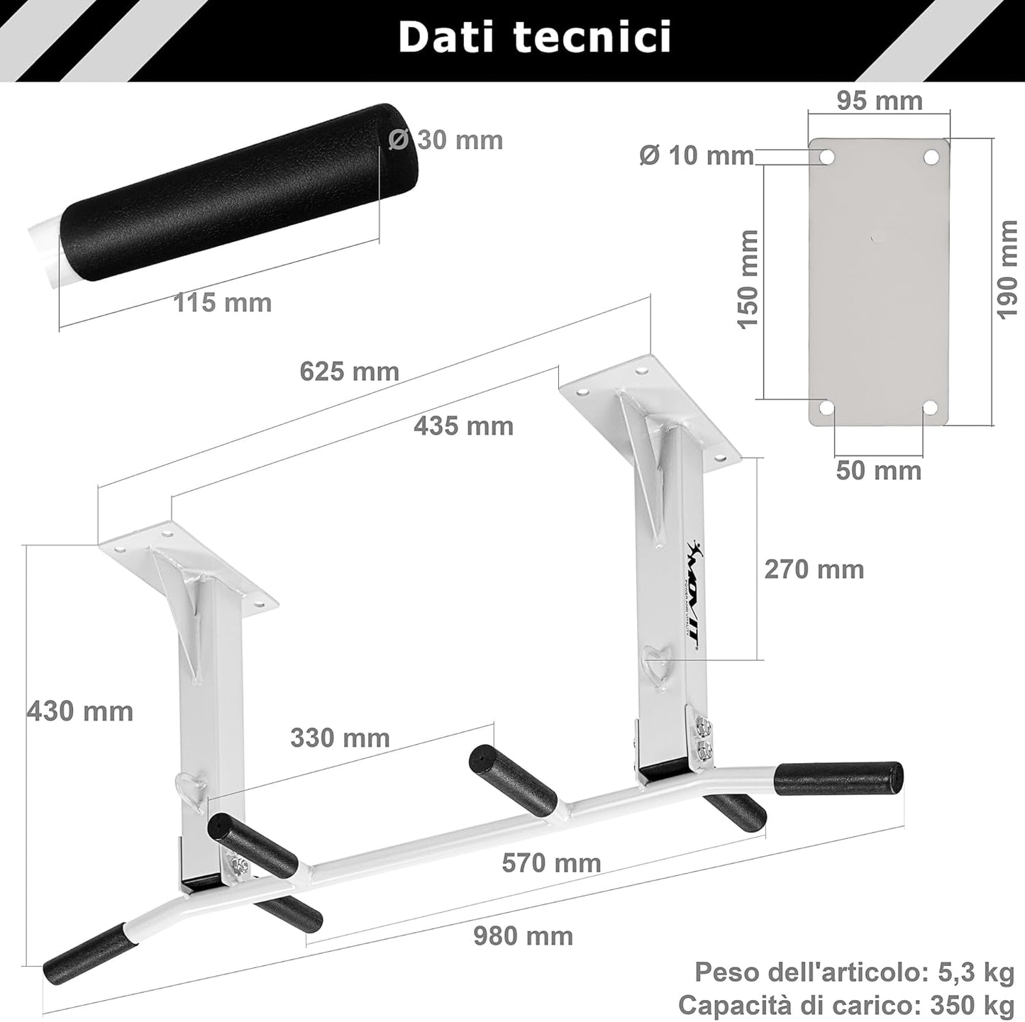 Bară de tracțiune pentru montare pe tavan, negru/alb