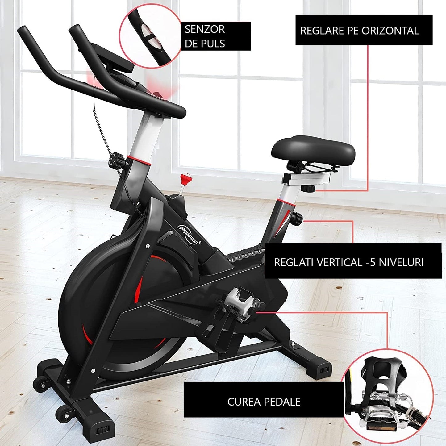 Bicicleta fitness, senzor puls pe ghidon, display LCD ce monitorizeaza timpul, viteza, distanta, pulsul, cronometru si caloriile, suport sticla apa, scaun/ghidon reglabil, 101 x 53 x 120 c