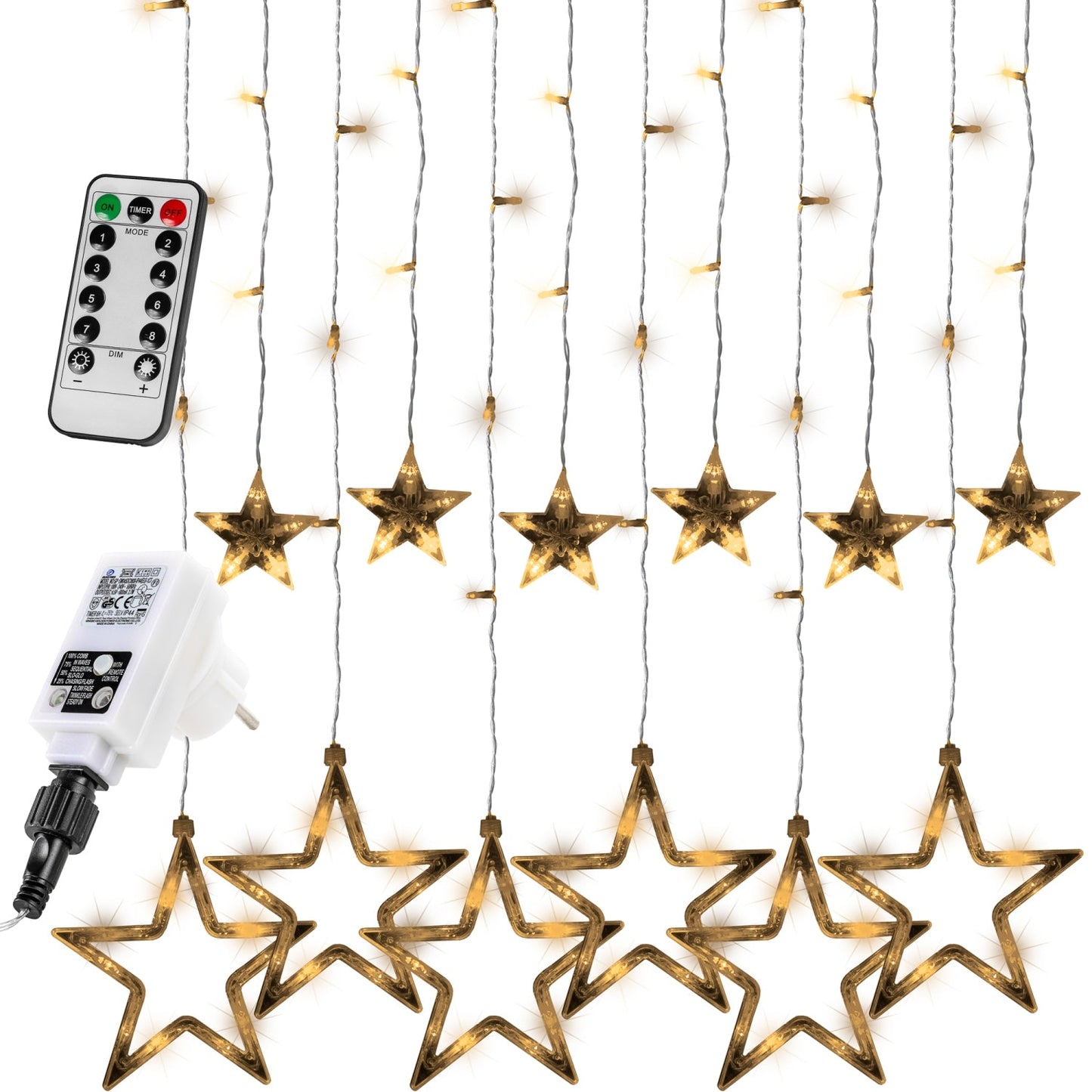 Perdea lumini LED, 12 stele, alb cald, telecomanda