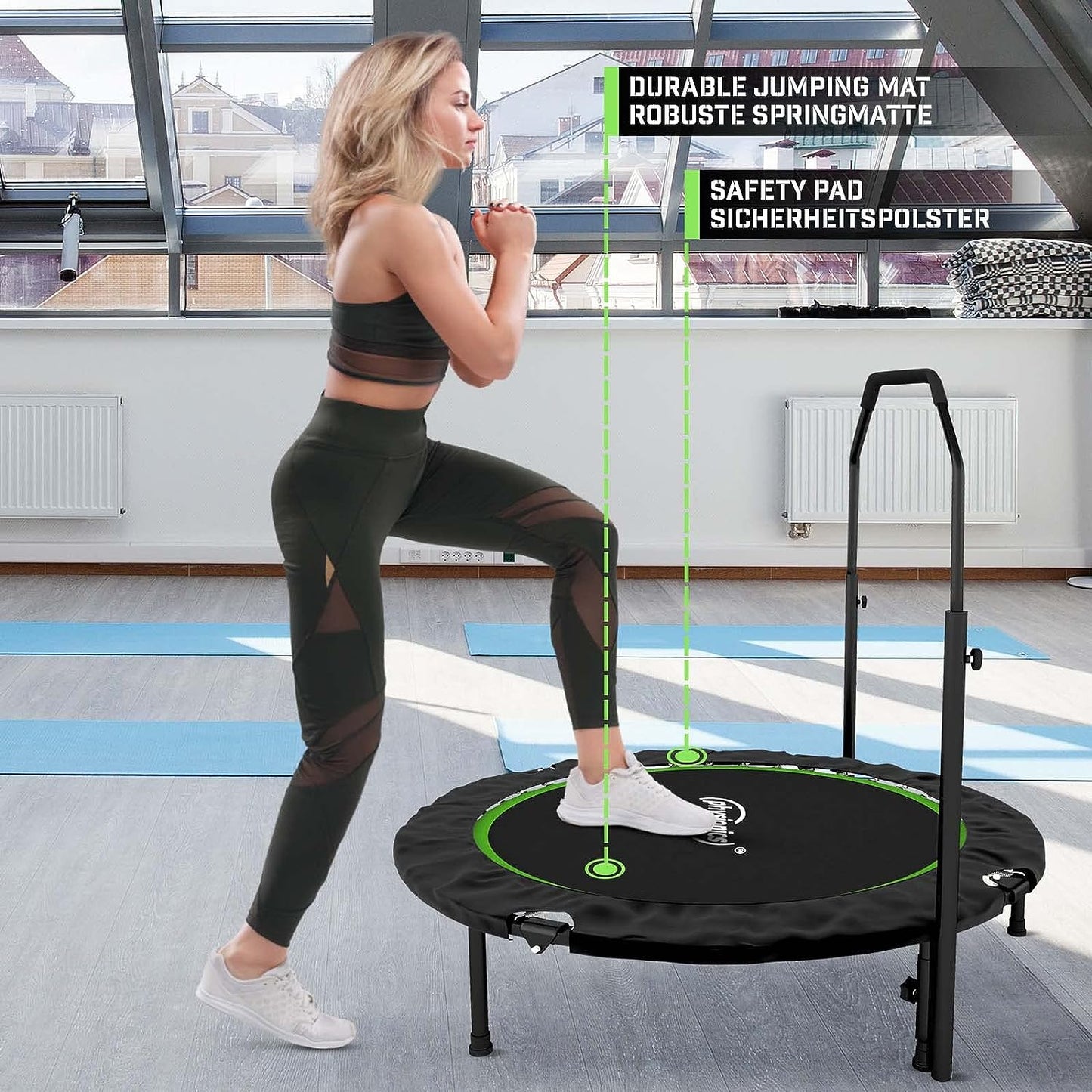 Trambulina fitness cu maner detasabil, pentru interior si exterior, pliabila, capacitate suportata 150 kg, negru/verde
