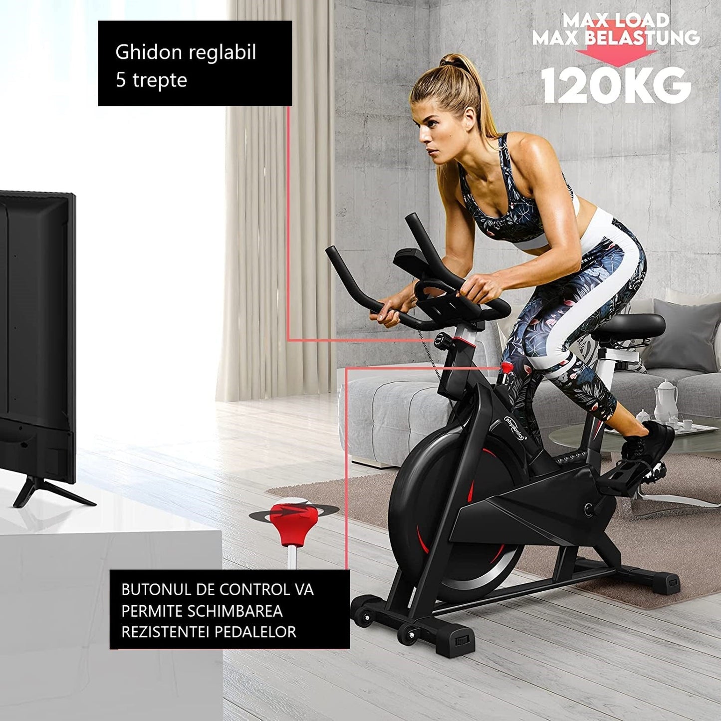 Bicicleta fitness, senzor puls pe ghidon, display LCD ce monitorizeaza timpul, viteza, distanta, pulsul, cronometru si caloriile, suport sticla apa, scaun/ghidon reglabil, 101 x 53 x 120 c
