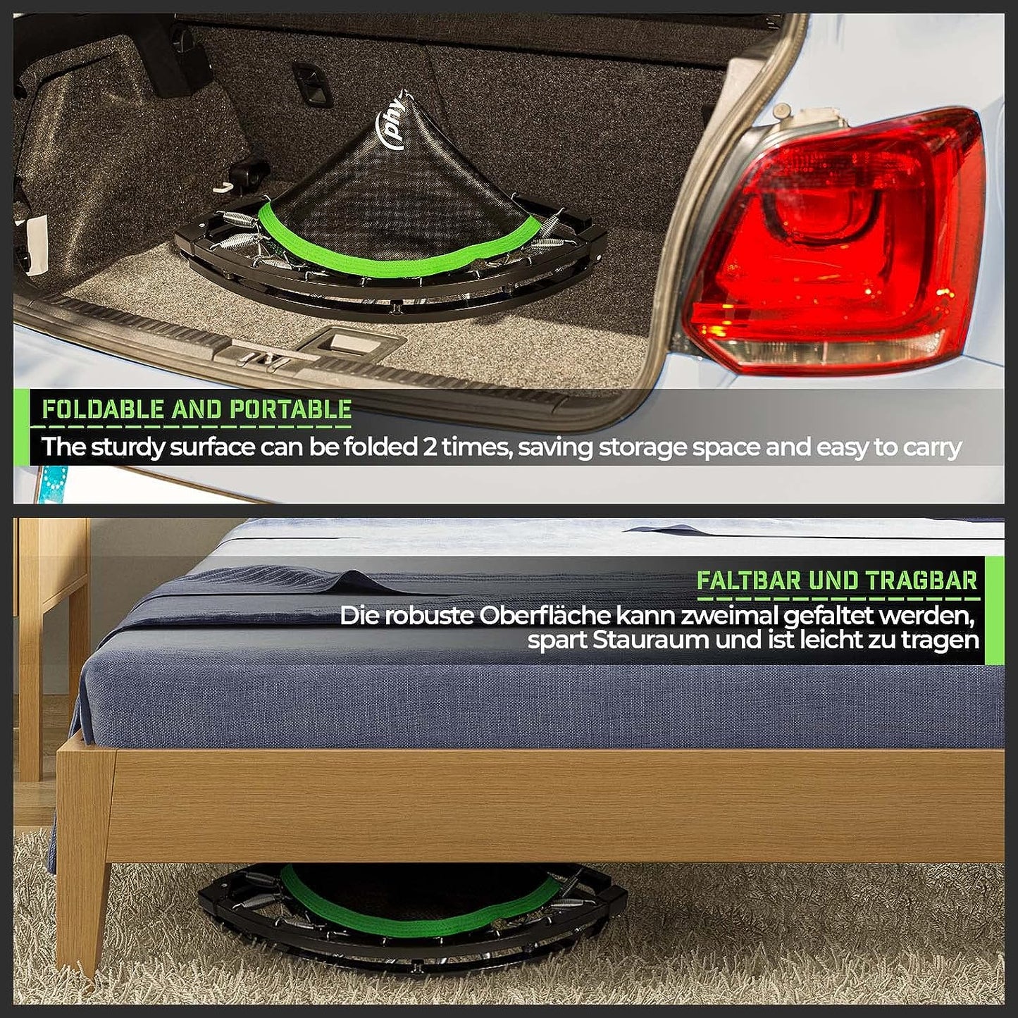 Trambulina fitness cu maner detasabil, pentru interior si exterior, pliabila, capacitate suportata 150 kg, negru/verde