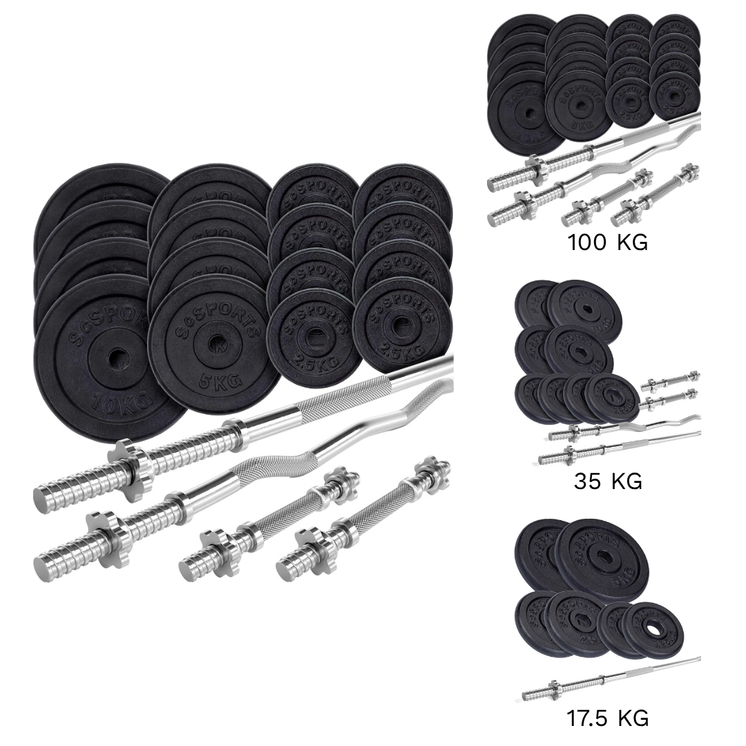 Set de haltere 17.5 - 100 KG, bara de haltere 30 mm, 120/160 cm, discuri, fonta, cleme de fixare ScSports