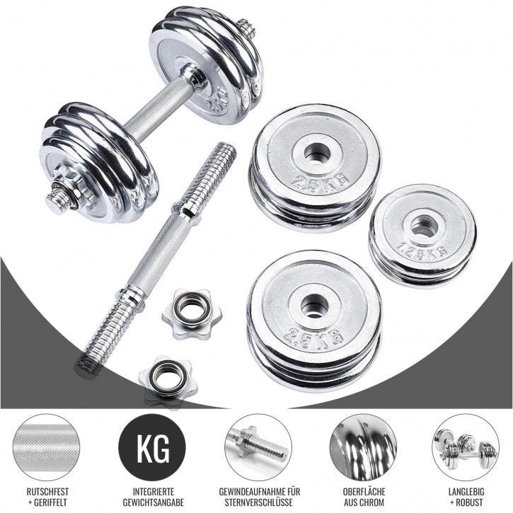 Set de gantere cromate 30 kg cu închizători în formă de stea
