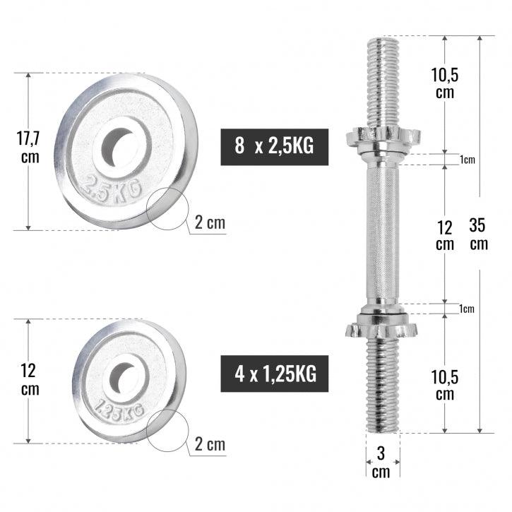 Set de gantere cromate 30 kg cu închizători în formă de stea