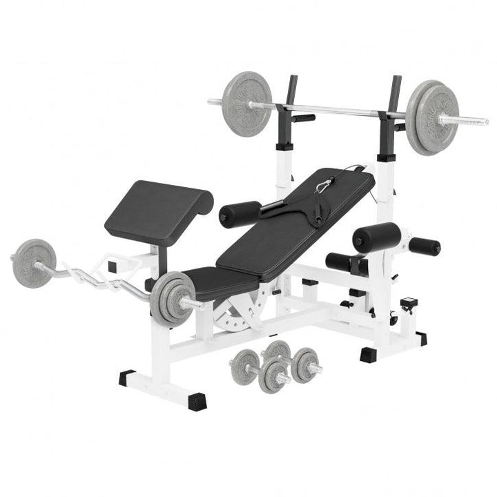 Banca multifunctionala alba + set greutati fonta, 108 kg Gorilla Sports