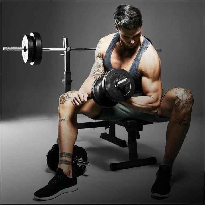 BANCĂ REGLABILĂ PIEPT CU SUPORT + SET DE GREUTĂȚI 100 KG 30/31 MM - Gorilla Sports Ro