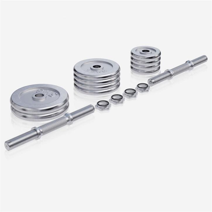 Set de gantere cromate 30 kg cu închizători în formă de stea