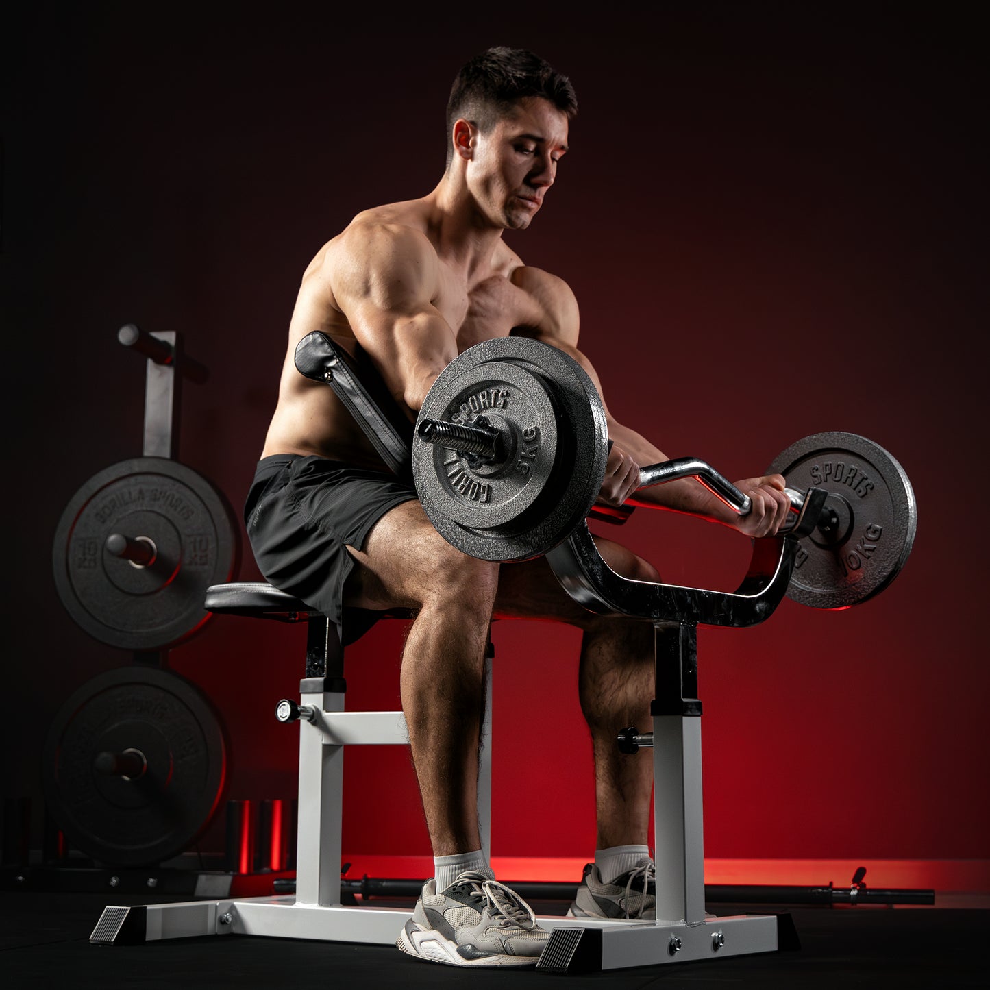 Bancă de curl reglabilă, incluzând set de curl din fontă de 38 kg