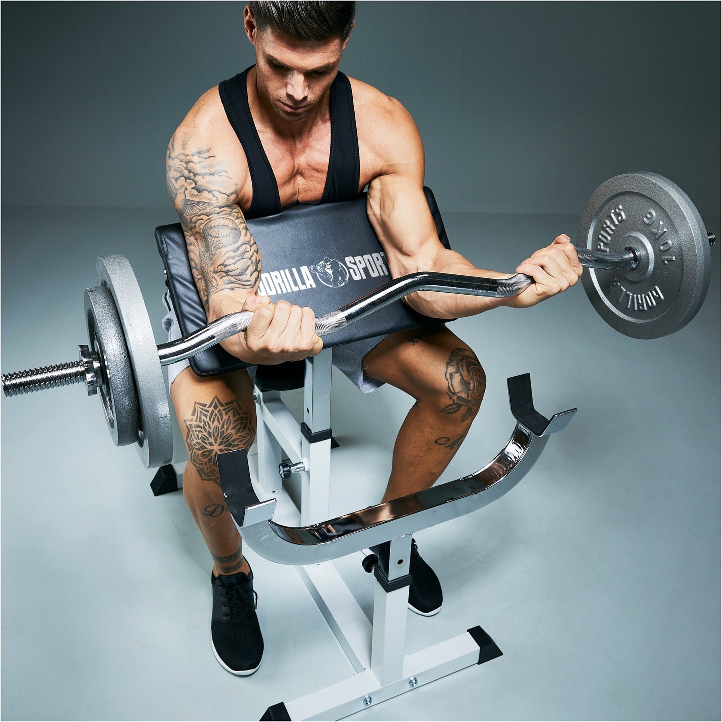 Bancă de curl reglabilă, incluzând set de curl din fontă de 38 kg