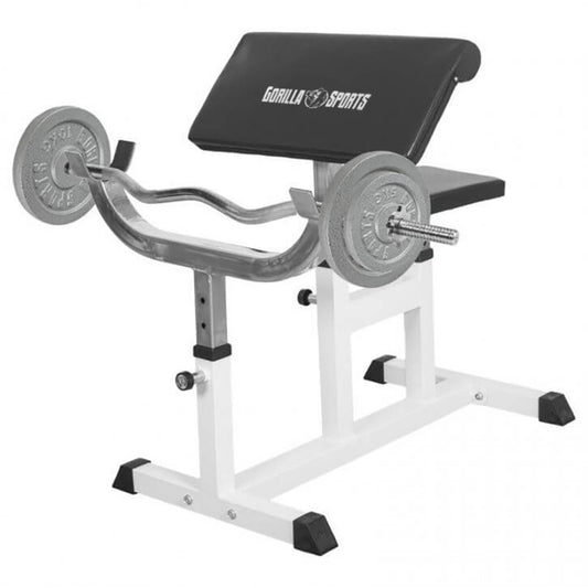 Bancă de curl reglabilă, incluzând set de curl din fontă de 38 kg