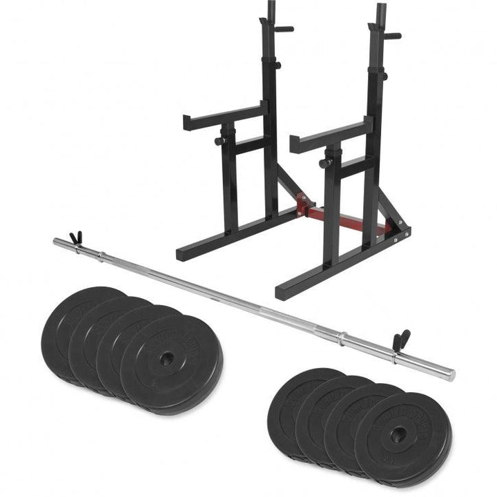 Rack pentru genuflexiuni reglabil pe înălțime și lățime, incluzând set de haltere din plastic de 40 kg