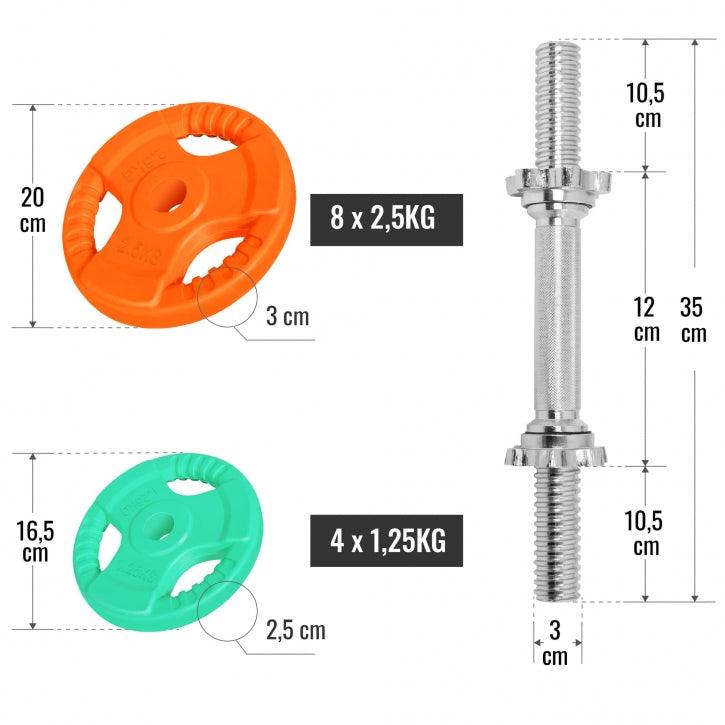 Set de gantere cu mâner din cauciuc 30 kg cu închizători