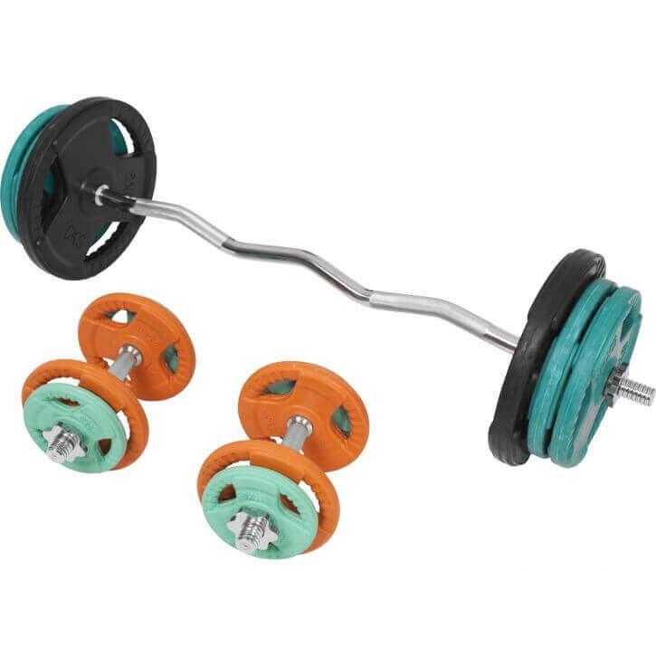 Set de haltere curlate SZ cu mâner din cauciuc, 70 kg, cu închizători