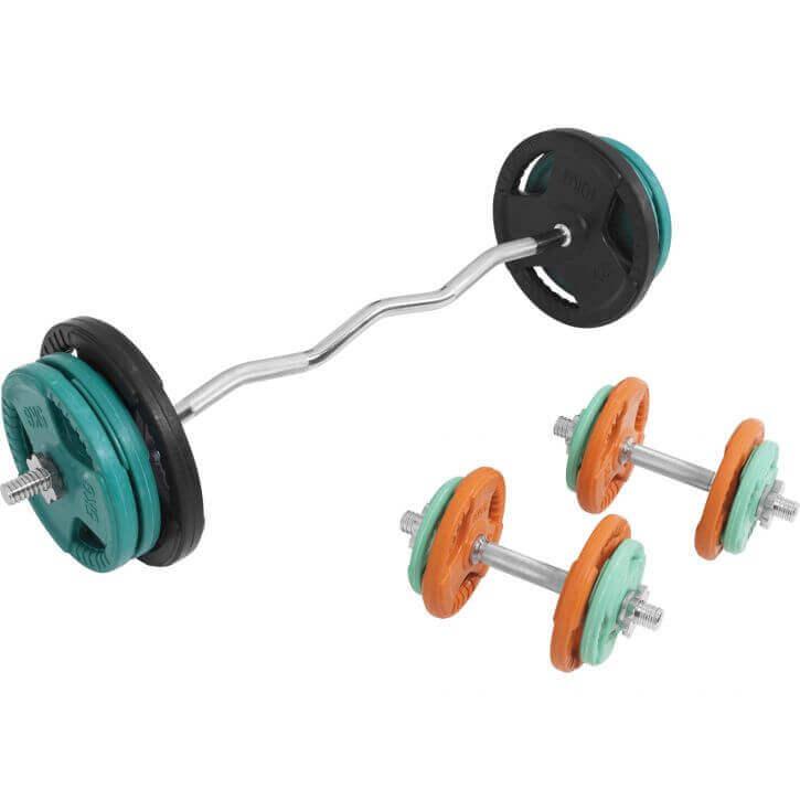 Set de haltere curlate SZ cu mâner din cauciuc, 70 kg, cu închizători