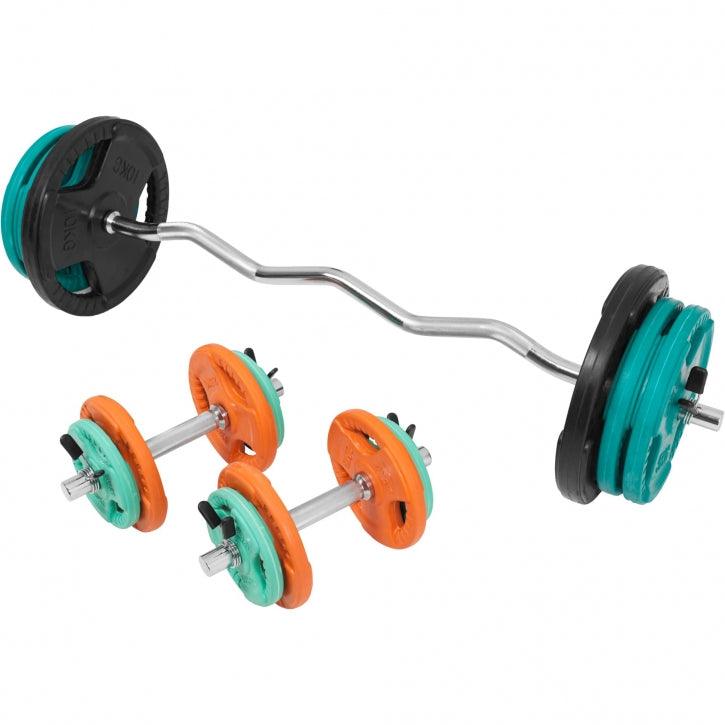 Set de haltere curlate SZ cu mâner din cauciuc, 70 kg, cu închizători