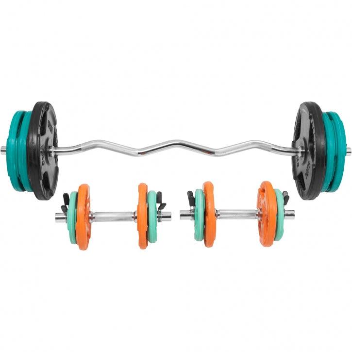 Set de haltere curlate SZ cu mâner din cauciuc, 70 kg, cu închizători