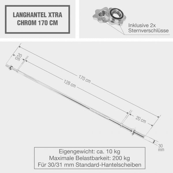 Bară de haltere 170 cm cu mâner extra lat și închizători în formă de stea