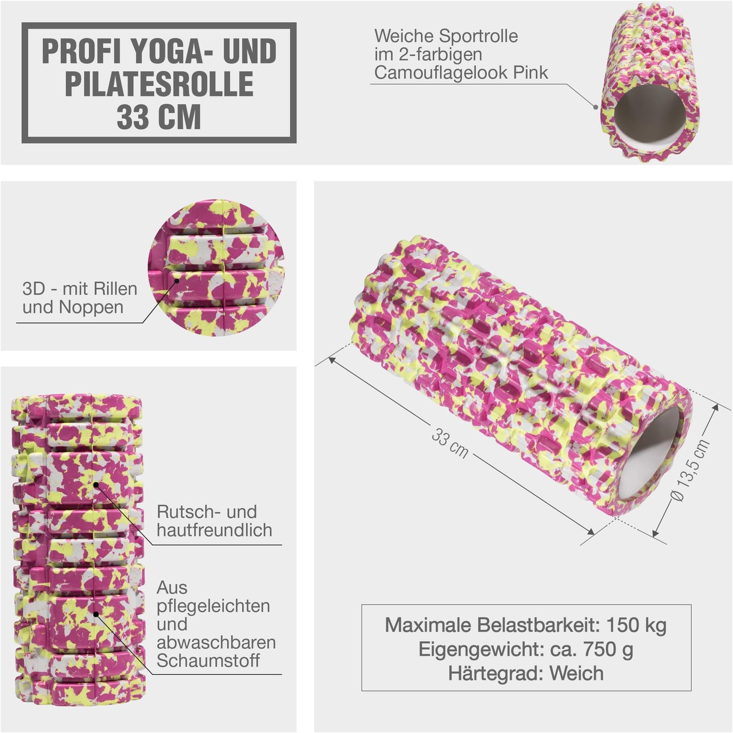 Rolă de masaj din spumă 33 cm verde/camo și roz/camo - Gorilla Sports Ro
