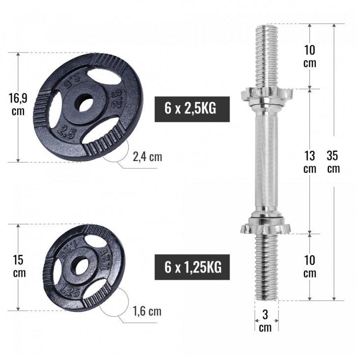 Set de gantere din fontă Gripper 27,5 kg cu închizători în formă de stea