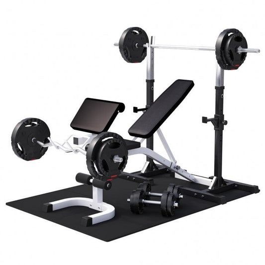 Bancă înclinată cu suport pentru genuflexiuni inclus, set de haltere 75 kg
