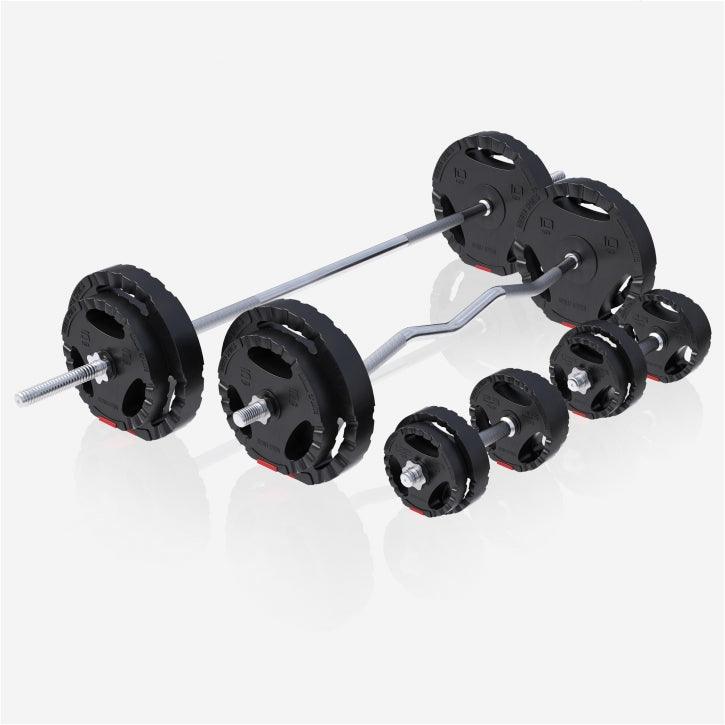 Bancă înclinată cu suport pentru genuflexiuni inclus, set de haltere 75 kg