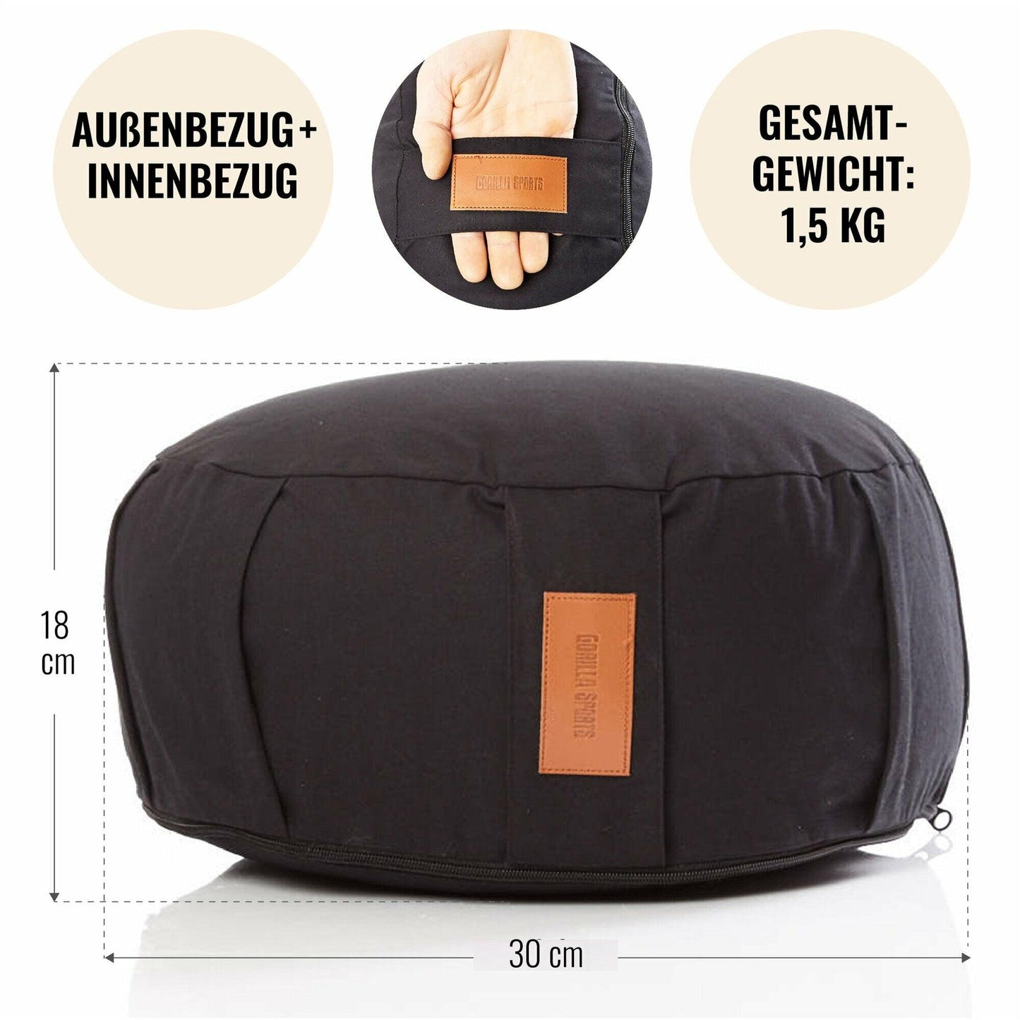 Pernă de meditație rotundă, cu diametrul de 30 cm și înălțimea de 18 cm