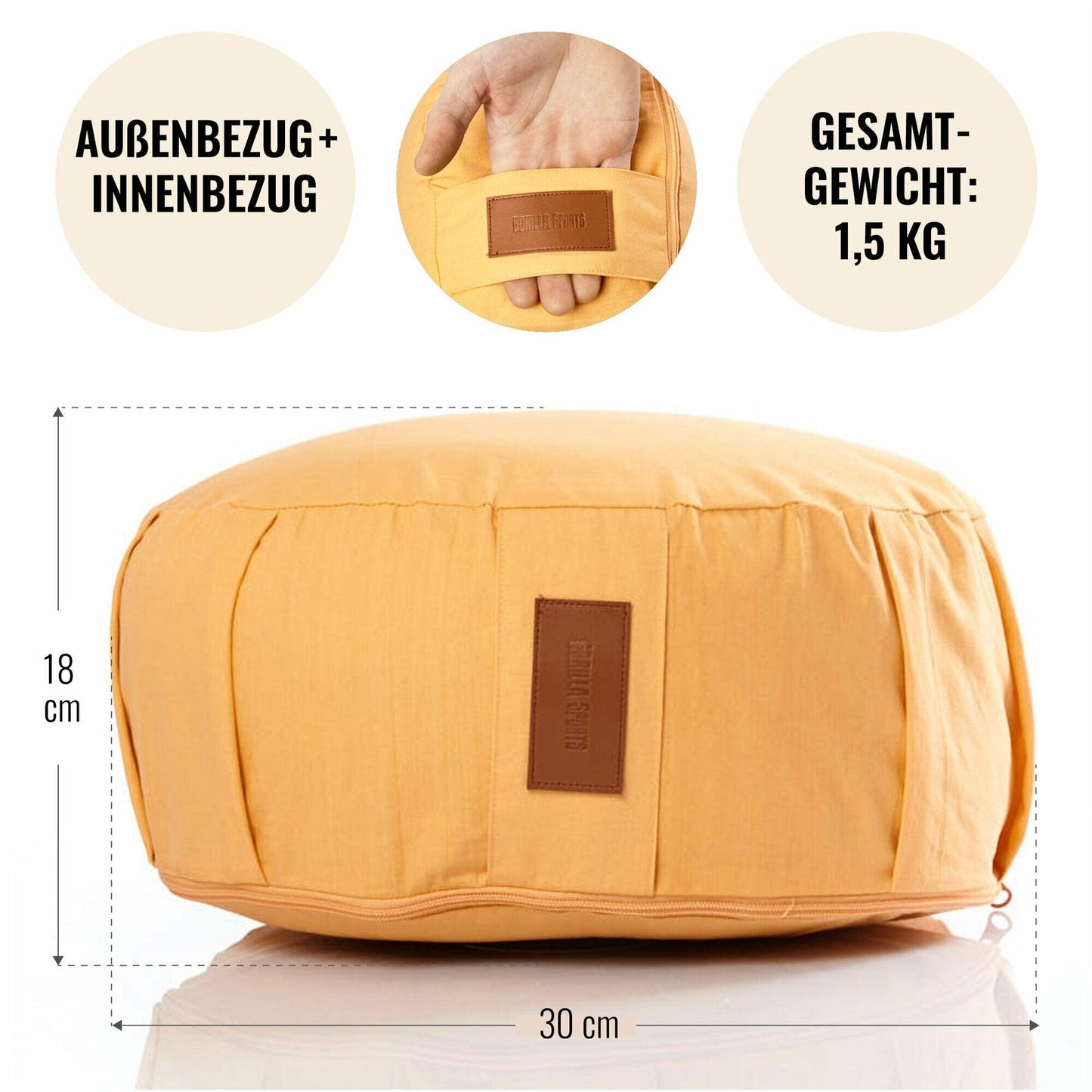 Pernă de meditație rotundă, cu diametrul de 30 cm și înălțimea de 18 cm