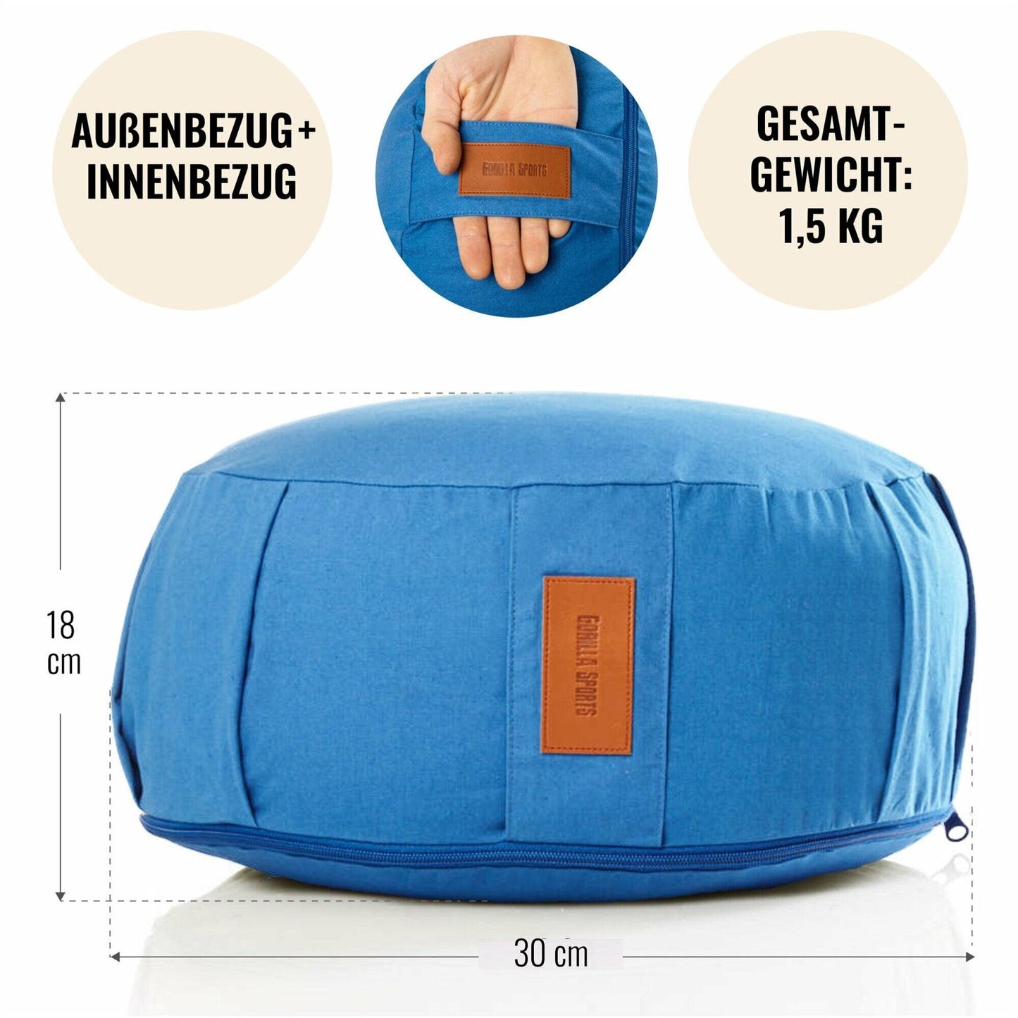 Pernă de meditație rotundă, cu diametrul de 30 cm și înălțimea de 18 cm