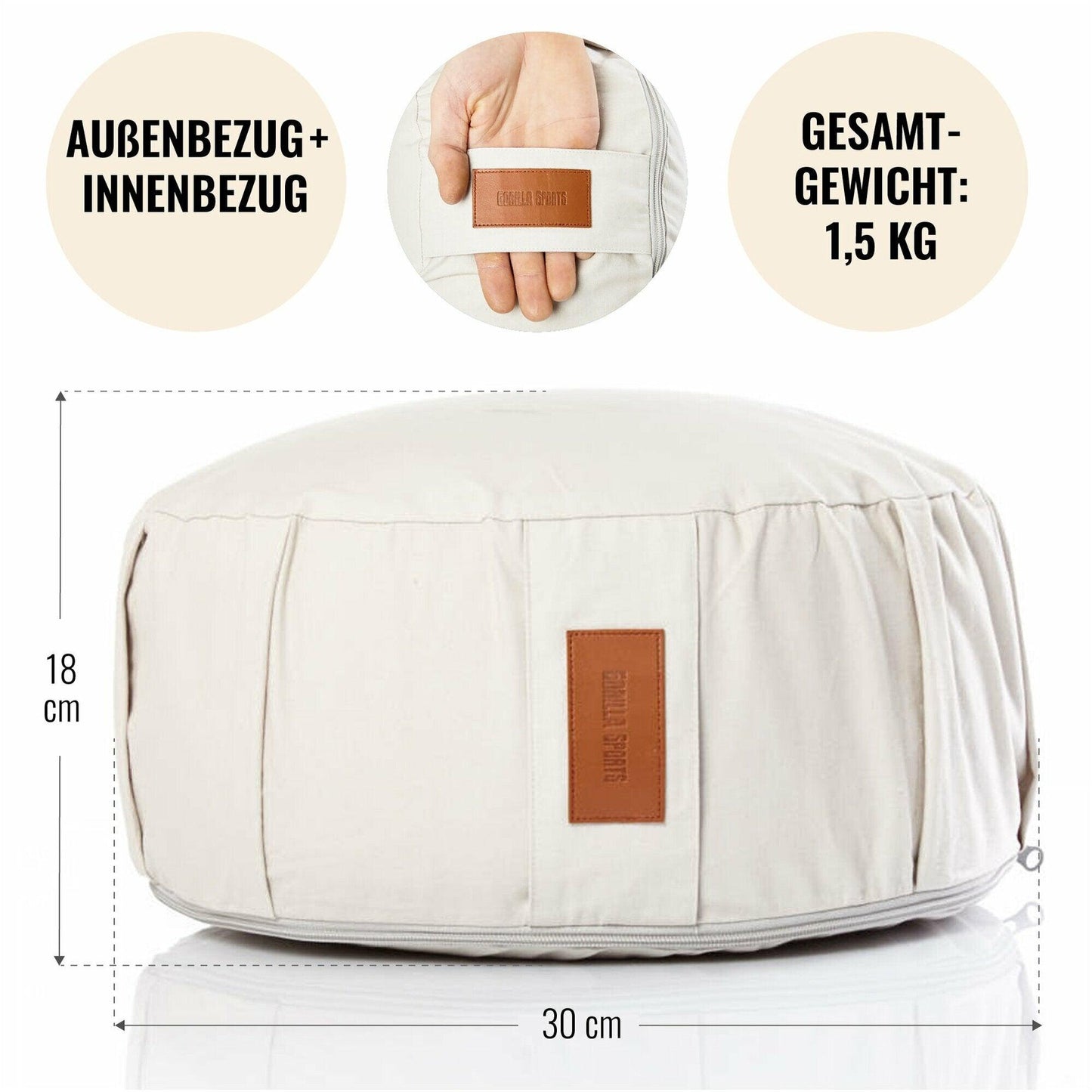 Pernă de meditație rotundă, cu diametrul de 30 cm și înălțimea de 18 cm