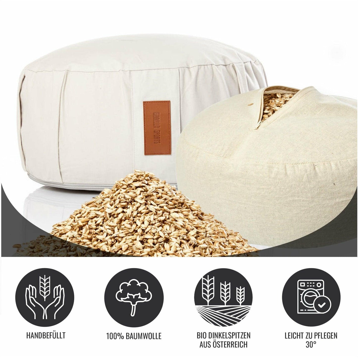 Pernă de meditație rotundă, cu diametrul de 30 cm și înălțimea de 18 cm