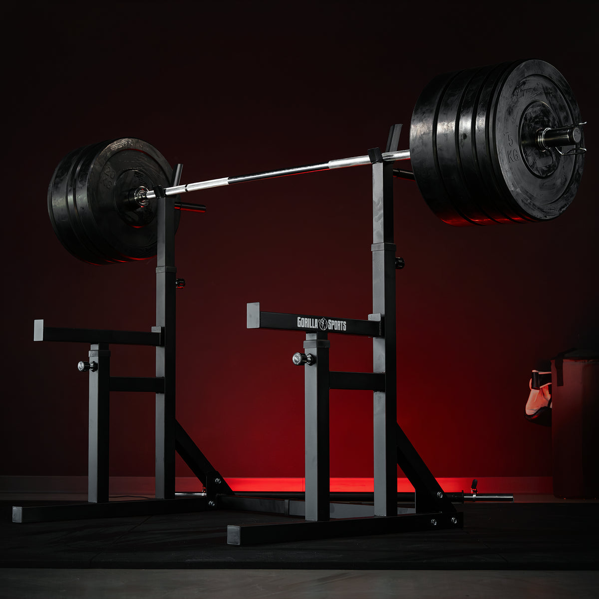 Rack pentru genuflexiuni reglabil pe înălțime și lățime, incluzând set de haltere cu discuri de protecție olimpice de 170 kg