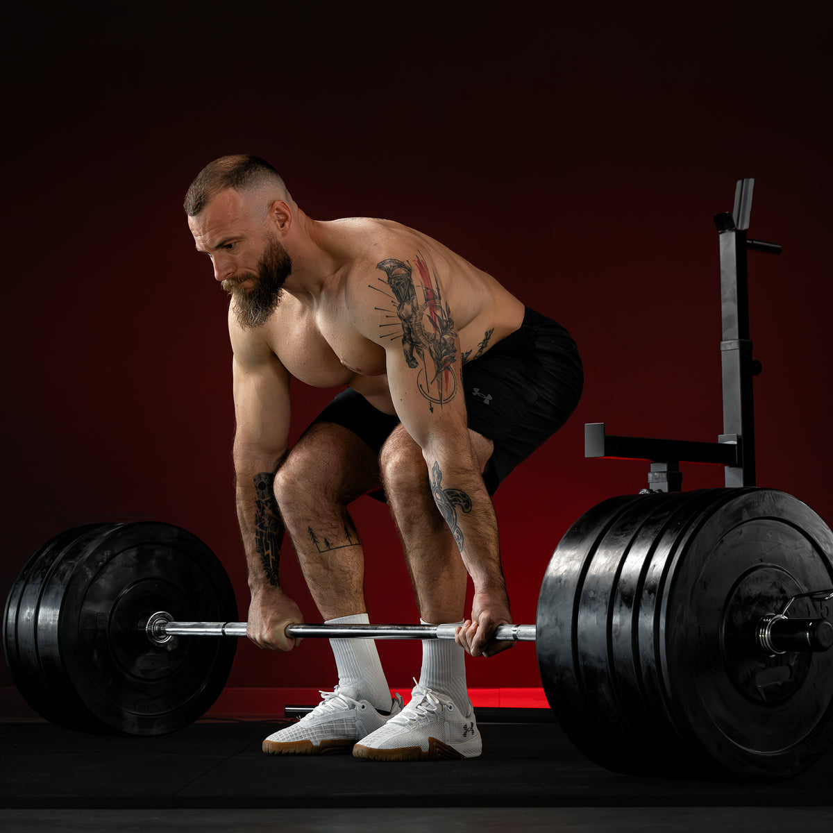 Rack pentru genuflexiuni reglabil pe înălțime și lățime, incluzând set de haltere cu discuri de protecție olimpice de 170 kg