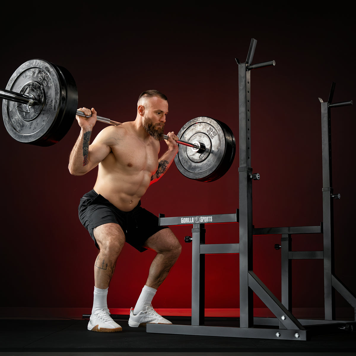 Rack pentru genuflexiuni reglabil pe înălțime și lățime, incluzând set de haltere cu discuri de protecție olimpice de 170 kg
