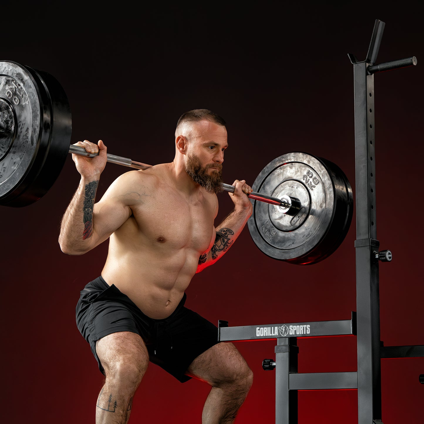 Rack pentru genuflexiuni reglabil pe înălțime și lățime, incluzând set de haltere cu discuri de protecție olimpice de 170 kg