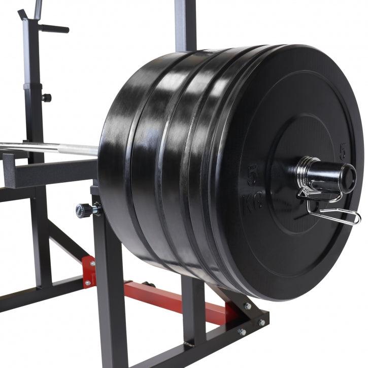 Rack pentru genuflexiuni reglabil pe înălțime și lățime, incluzând set de haltere cu discuri de protecție olimpice de 170 kg
