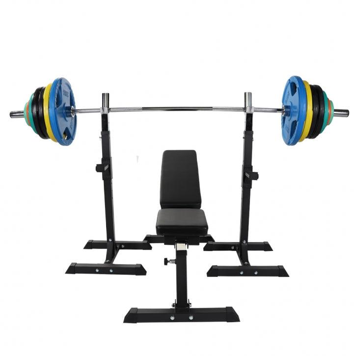 Bancă înclinată cu suport pentru genuflexiuni inclus, set de haltere olimpice 150 kg