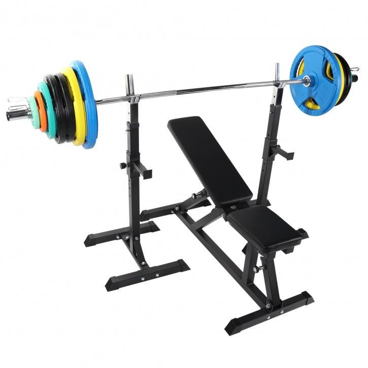 Bancă înclinată cu suport pentru genuflexiuni inclus, set de haltere olimpice 150 kg