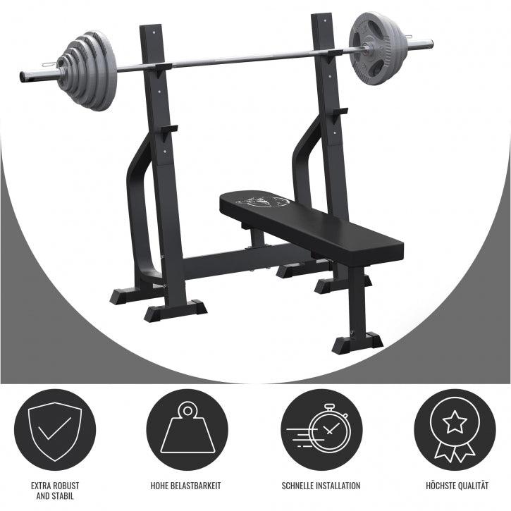 Bancă de haltere cu 2 rafturi incluse, set de haltere lungi Olympia 130 kg