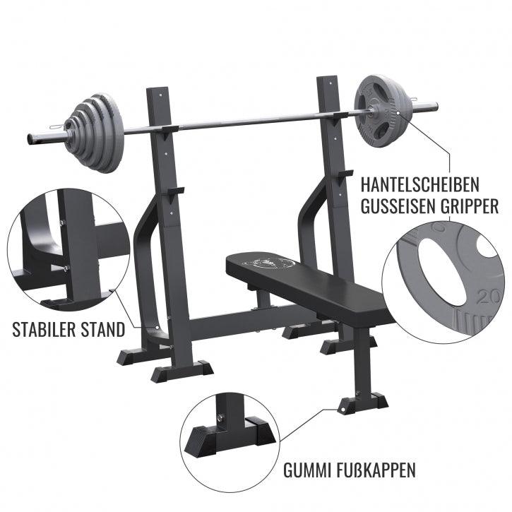 Bancă de haltere cu 2 rafturi incluse, set de haltere lungi Olympia 130 kg
