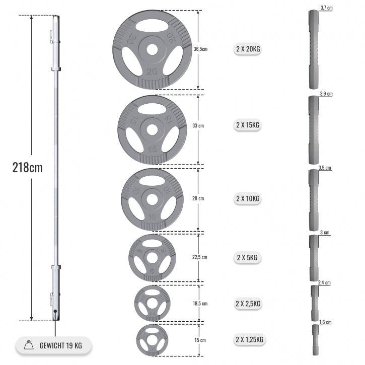 Bancă de haltere cu 2 rafturi incluse, set de haltere lungi Olympia 130 kg