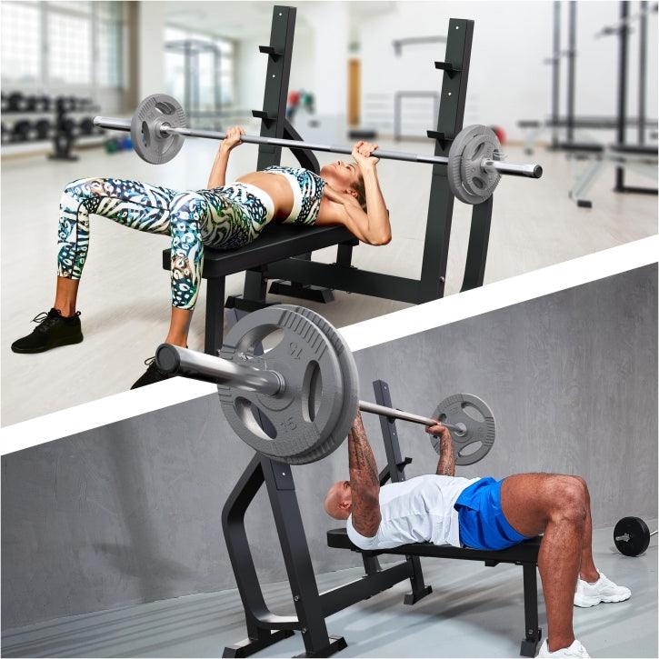 Bancă de haltere cu 2 rafturi incluse, set de haltere lungi Olympia 130 kg