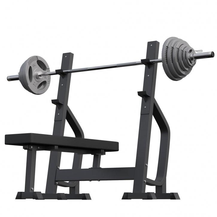 Bancă de haltere cu 2 rafturi incluse, set de haltere lungi Olympia 130 kg