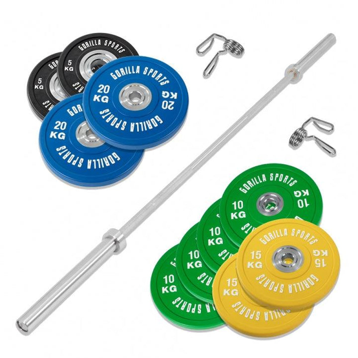 Set profesional, rack si haltera cu discuri olimpice si sigurante pe arc, 140 kg Gorilla Sports