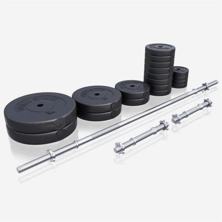 Set de haltere din plastic 60 - 130 kg cu închizători în formă de stea
