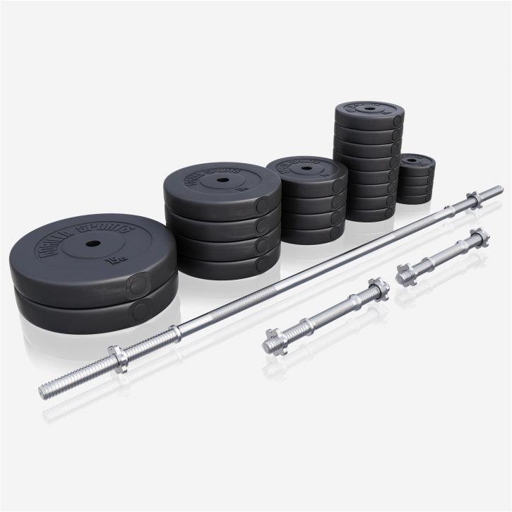 Set de haltere din plastic 60 - 130 kg cu închizători în formă de stea