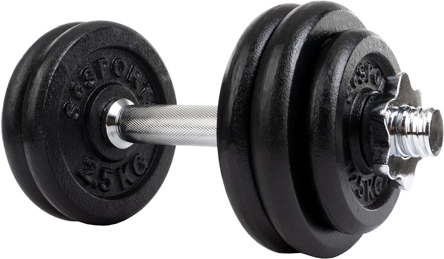 Set de discuri cu greutati si bara de gantere, 12.5 KG (4x 2.5 + 2x 1.25), 30/31mm, fonta, blocare cu stea ScSports