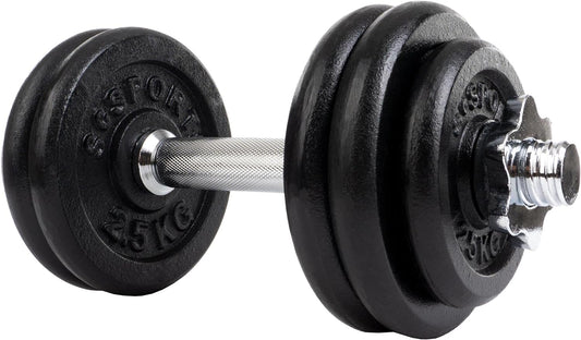 Set de discuri cu greutati si bara de gantere, 12.5 KG (4x 2.5 + 2x 1.25), 30/31mm, fonta, blocare cu stea ScSports