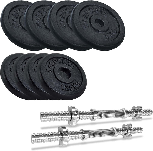 Set de discuri de greutate si 2 bare de haltere, 25 KG (4 x 5 kg + 4 x 1.25 kg), 30/31 mm, fonta, blocare cu stea ScSports